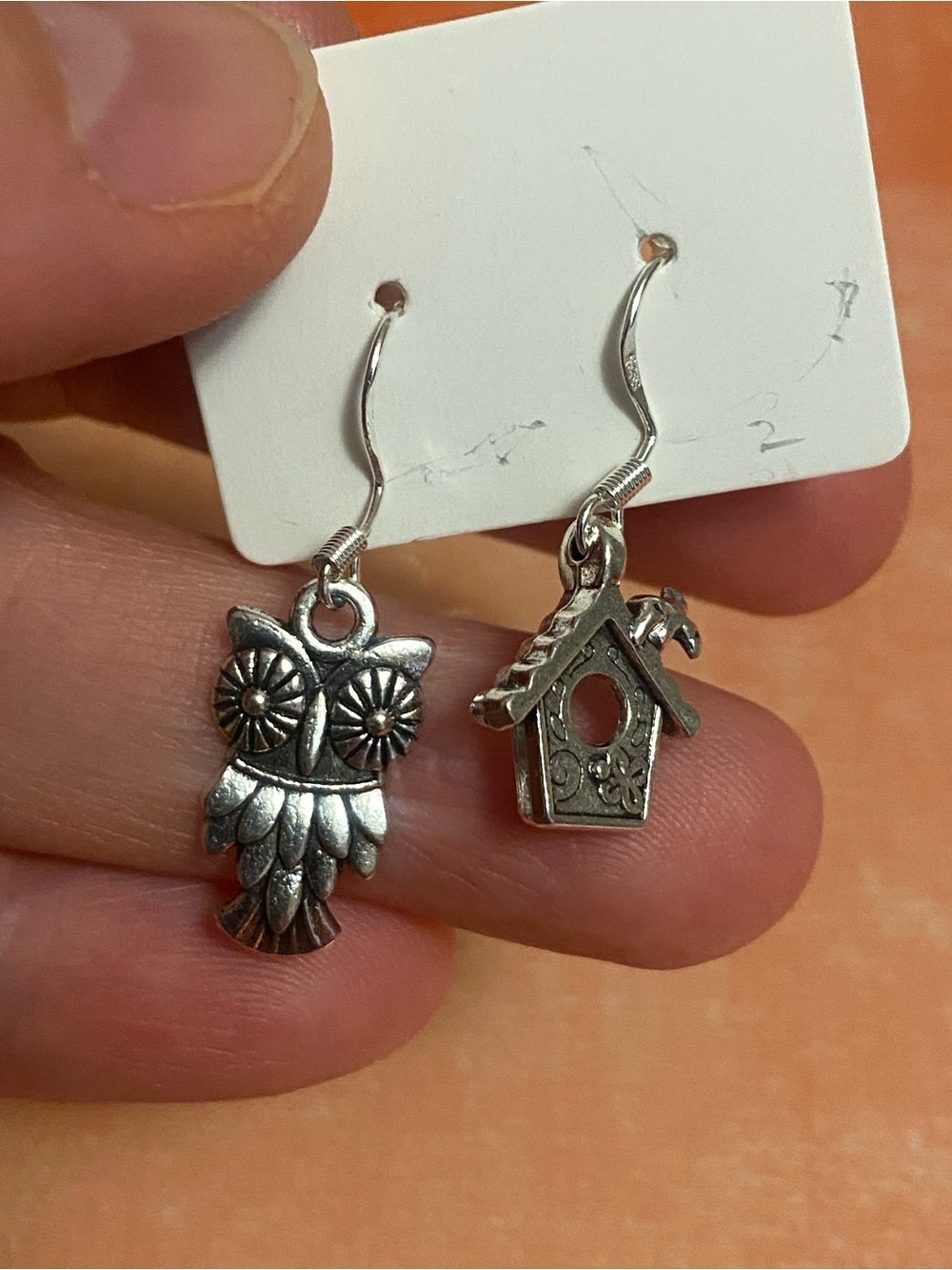 Silver Owl and Birdhouse Dangle Earrings - Women's Jewelry